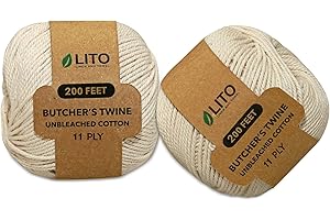 LITO LINEN AND TOWEL Twine String for Valentine's Day| Butchers Kitchen Twine for Turkey Trussing, Meat Cooking & Food Oven Safe| Baking Crafting| Wired Heavy Natural Cotton| DIY Garden Thread (11 PLY- 200 FEET- 2 Pack)