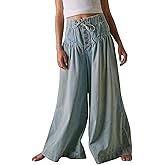 loveimgs Women Y2k Pleated Baggy Jeans Elastic Waist Wide Leg Denim Pants Palazzo Cargo Barrel Jeans Drawstring