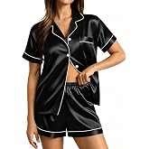 SWOMOG Womens Silk Satin Pajamas Set Short Sleeve Sleepwear Button Down Top and Shorts Loungewear 2 Piece Pjs Set XS-3XL