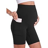 ENERFUL Women's Maternity Yoga Shorts Over The Belly Comfy Biker Workout Active Pregnancy Gym Short Pants with Pockets 8"/5"