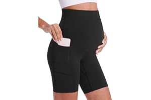 ENERFUL Women's Maternity Yoga Shorts Over The Belly Comfy Biker Workout Active Pregnancy Gym Short Pants with Pockets 8"/5"