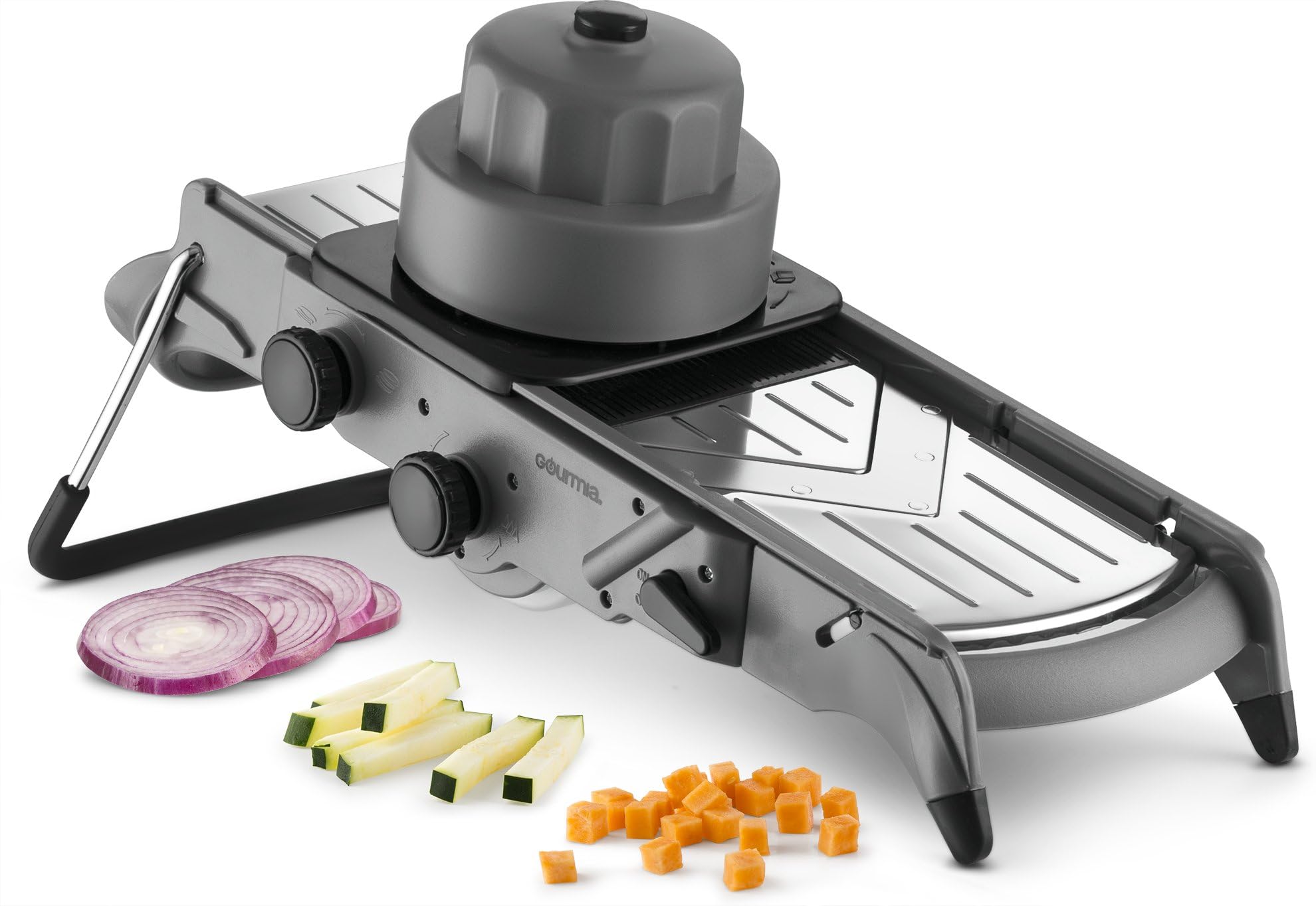 Gourmia GMS9625 Mandolin Slicer and Dicer-All in One V Blade for Julienne Slicing and Dicing- Adjustable Thickness - Stainless Steel Blades-Angled Stand for Easy Chopping BPA, Dishwasher Safe