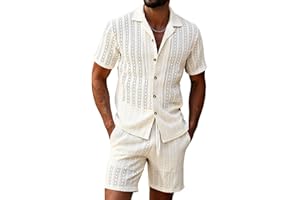 Men's Jacquard Hollow 2 Piece Sets Short Sleeve Button Down Shirts and Shorts Lounge Beach Vacation Outfits