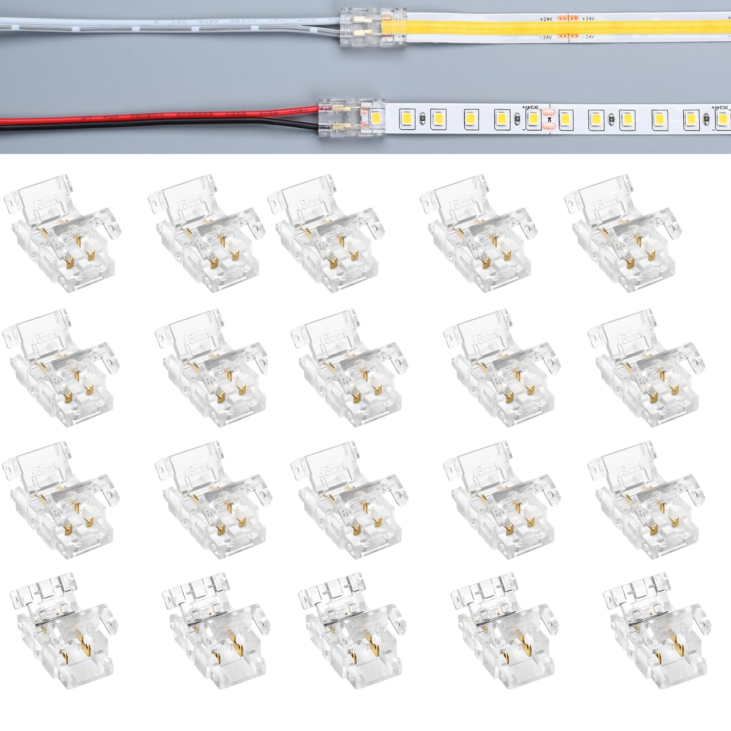 LED Strip Connector, 20 Pack, 8mm, 2-Pin (Strip to Wire （SMD/COB), 8mm