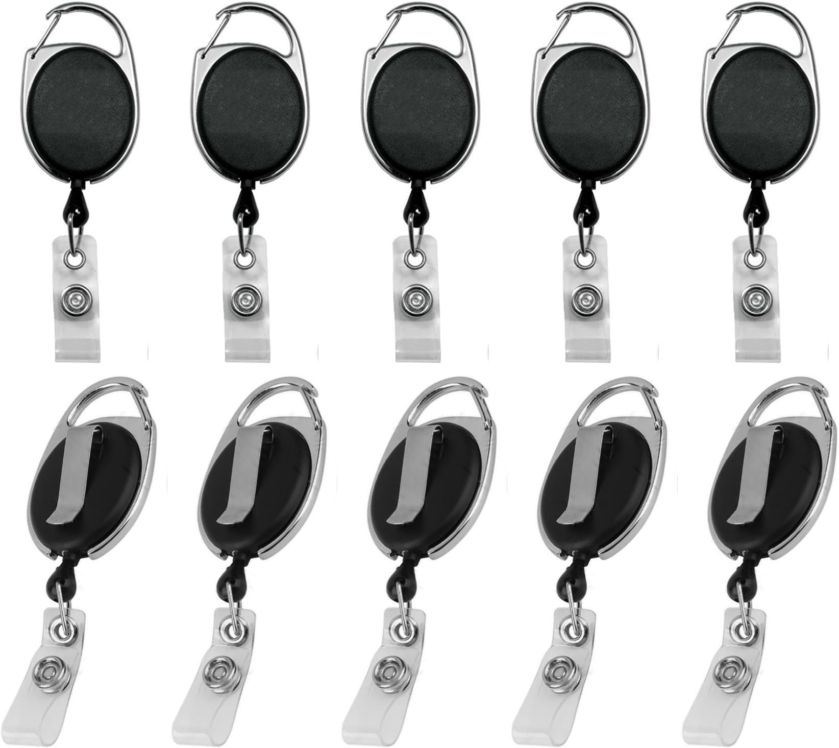 Retractable Badge Holder & Reel | for ID Cards, Keys, Lanyards, Self Retracting, Carabiner Clip On | Black by Blue Shoe Guys | 10-Pack