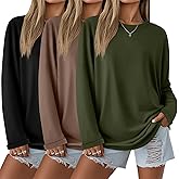 Baggyfly 3 Pack Women’s Oversized Long Sleeve Shirts, Crewneck Baggy Cotton Basic Fall Tops Casual Loose Workout Clothes