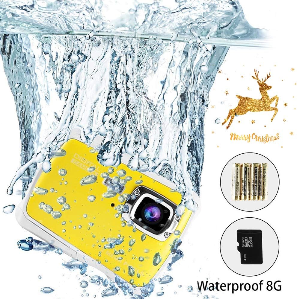 Jamal Waterproof Camera for Kids, Underwater Digital Camera Children Gift Mini Action Sport Camcorder 12MP HD/2.0 Inch LCD Display/8X Digital Zoom with 8GB SD Card & Batteries