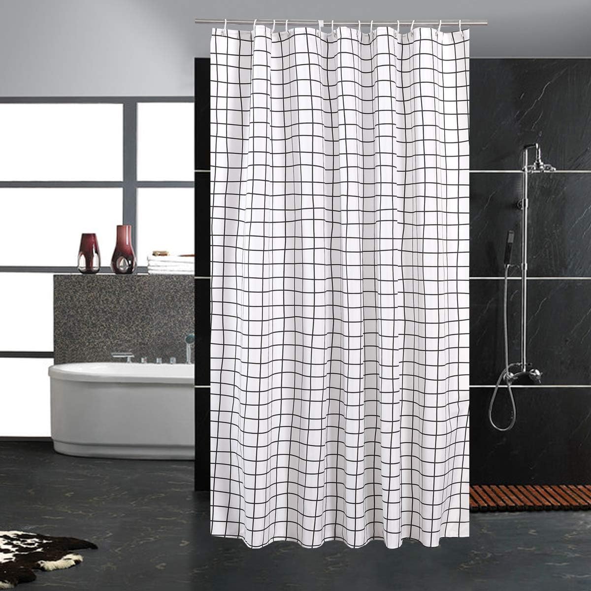 Jarl home Fabric Shower Curtains with 12 GrommetBlack and White Grid