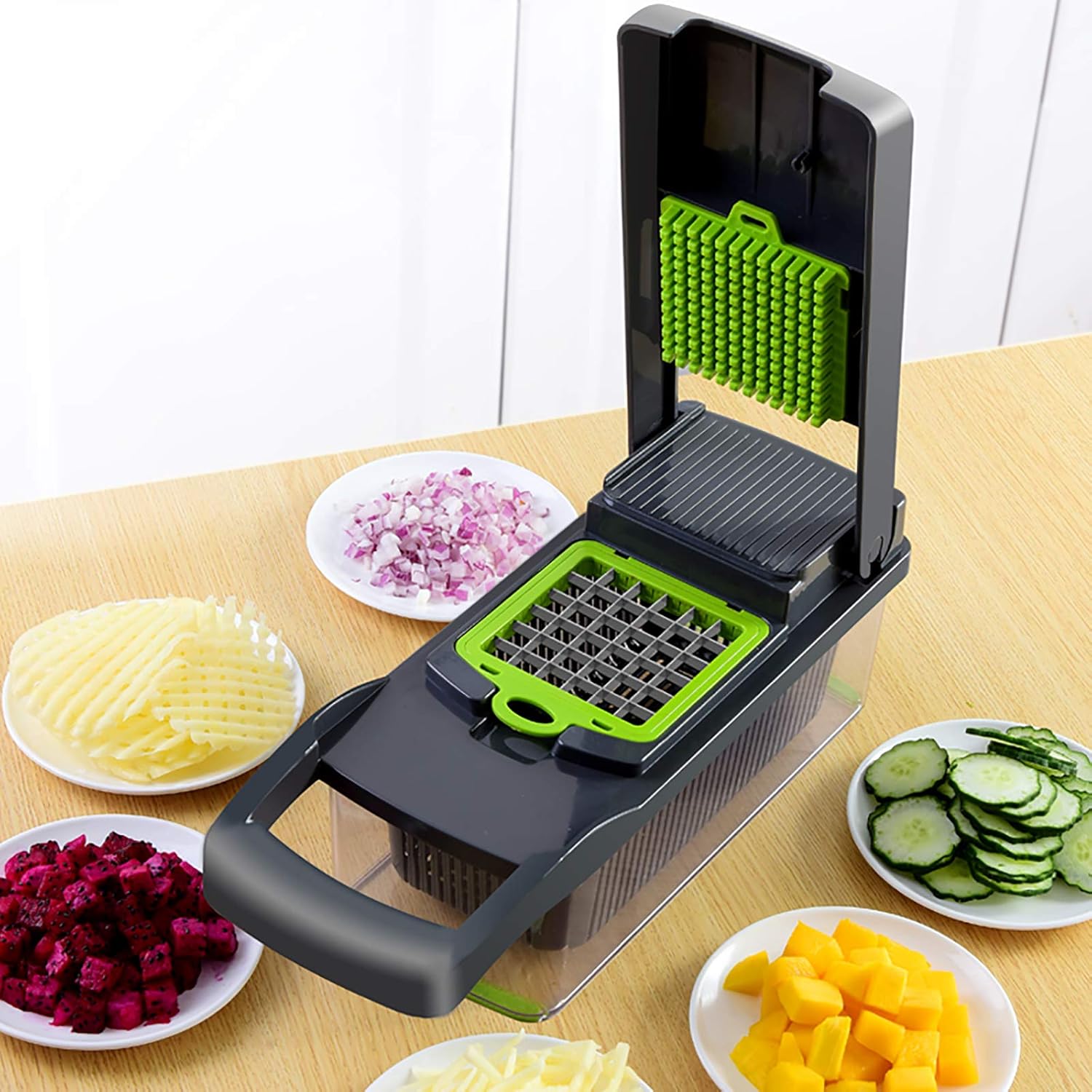 Vegetable Chopper Dicer with Container,Onion Mincer Chopper Kitchen Spiralizer Manual Food Chopper with Egg Separator,Potato Cutter Mandoline Slicer for Save Your Prep Time-Grey 31x12x11cm(12x5x4inch)