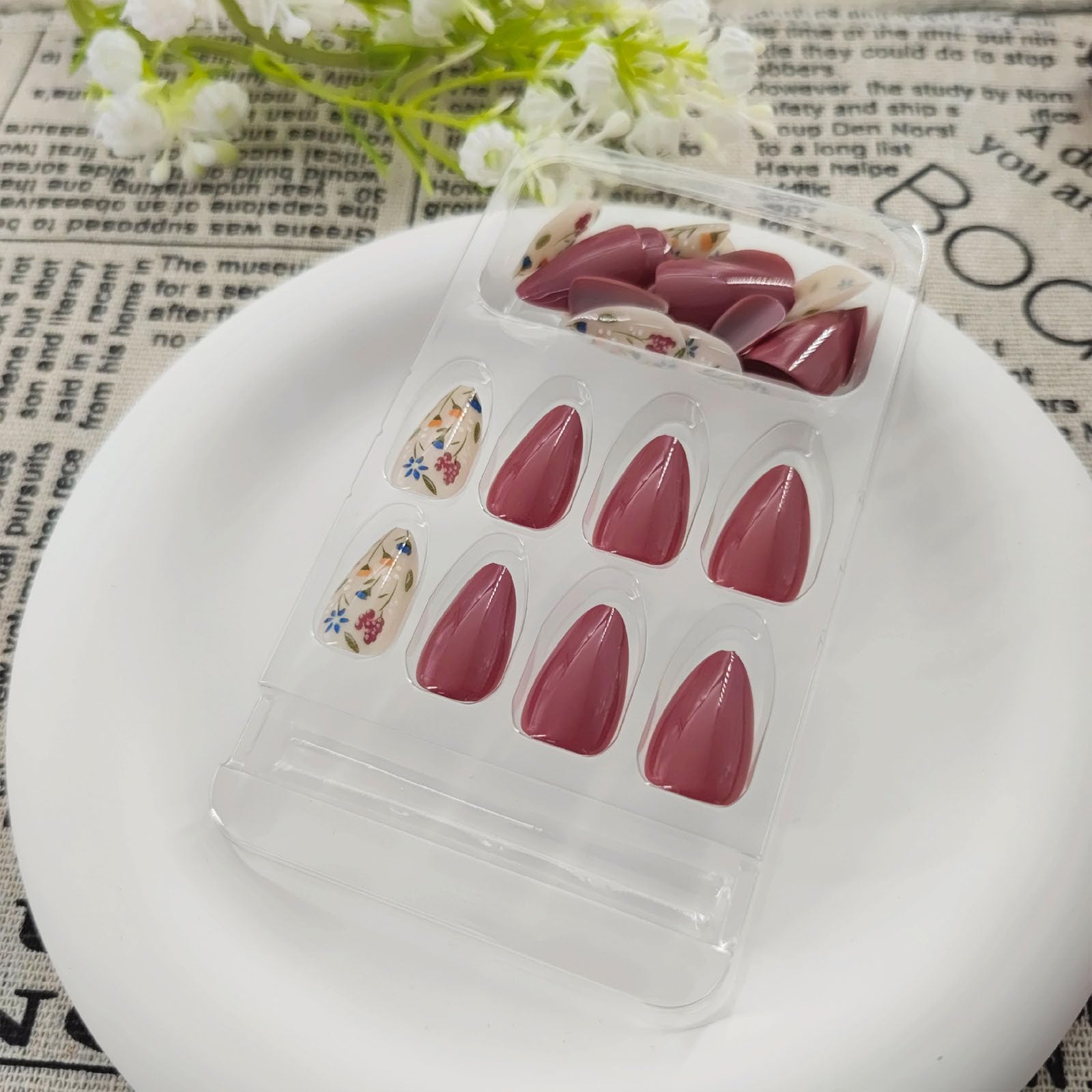 Flower Press on Nails Short Almond Fall Nails Press ons Short Fake Nails with Floral Design Glue on Nails Glossy Floral False Nails Reusable Full Cover Acrylic Stick on Nails for Women Girls 30 Pcs - Image 4