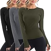 Velvelhall 3 Pack Women's Workout Shirts Long Sleeve Raglan Slim Fit Crew Neck Athletic Yoga Basic Tops with Thumb Holes