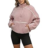 TBETNE Women's Fleece Jacket Long Sleeve Half Zip Pullover Fuzzy Sherpa Sweatshirt Contrast Outerwear with Pockets
