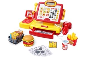 FS Toy Cash Register for Kids, with True Barcode Scanner & Calculator Toys, Pretend Play for Toddlers 3-5, Shopping Playset, Kids Cash Register with Credit Card for Boys and Girls