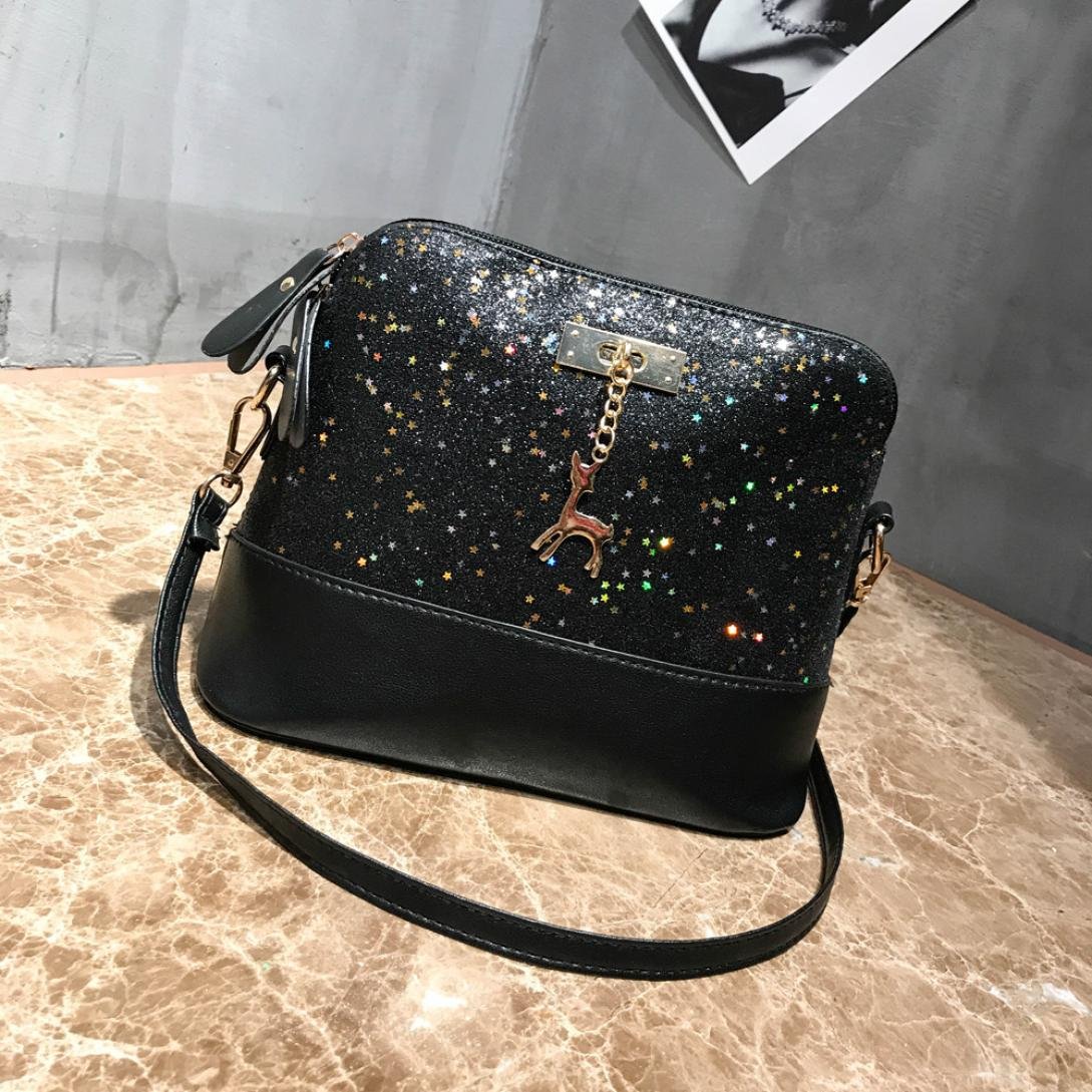 Clearance! Nevera Womens Glitter Leather Crossbody Bag Sequins Small Deer Shoulder Bags Messenger Bag (Black) : Beauty