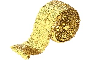 EZ TRIMS Elastic Sequin Trim, 3 Inch 8 Row Wide Flat Glitter Bling Fabric Paillette Sequin Ribbon, Metallic Stretch Sequin Strip Sewing DIY Embellishment, 5.5 Yards, Gold