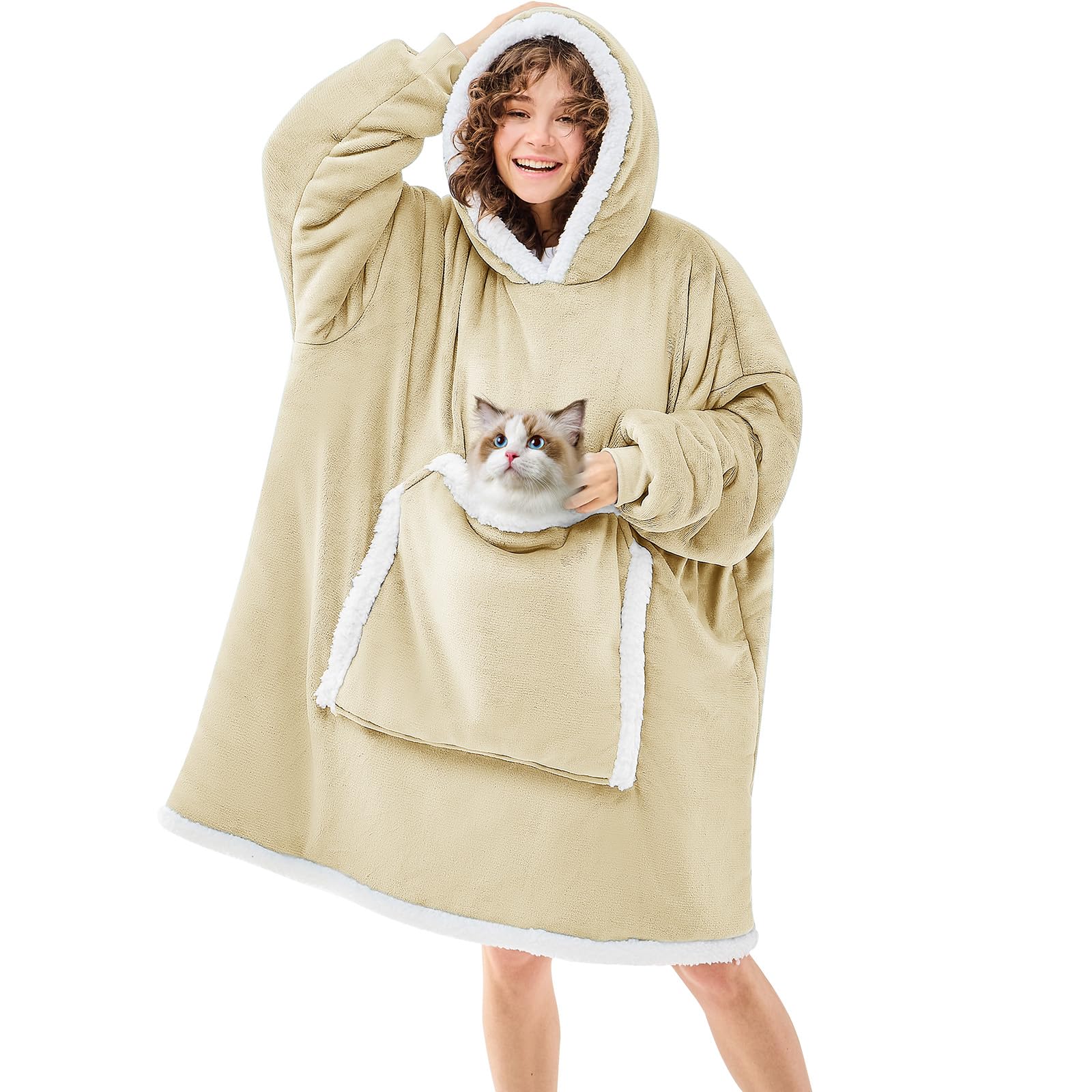 JOYWOO Beige Wearable Blanket Hoodie,Oversized Cat Lovers Sweatshirt Blanket for Adult & Teens,Birthday Gifts for Women Men Mom Girl Boys,Cozy Sherpa Blanket Giant Pocket Gifts,Beige Small