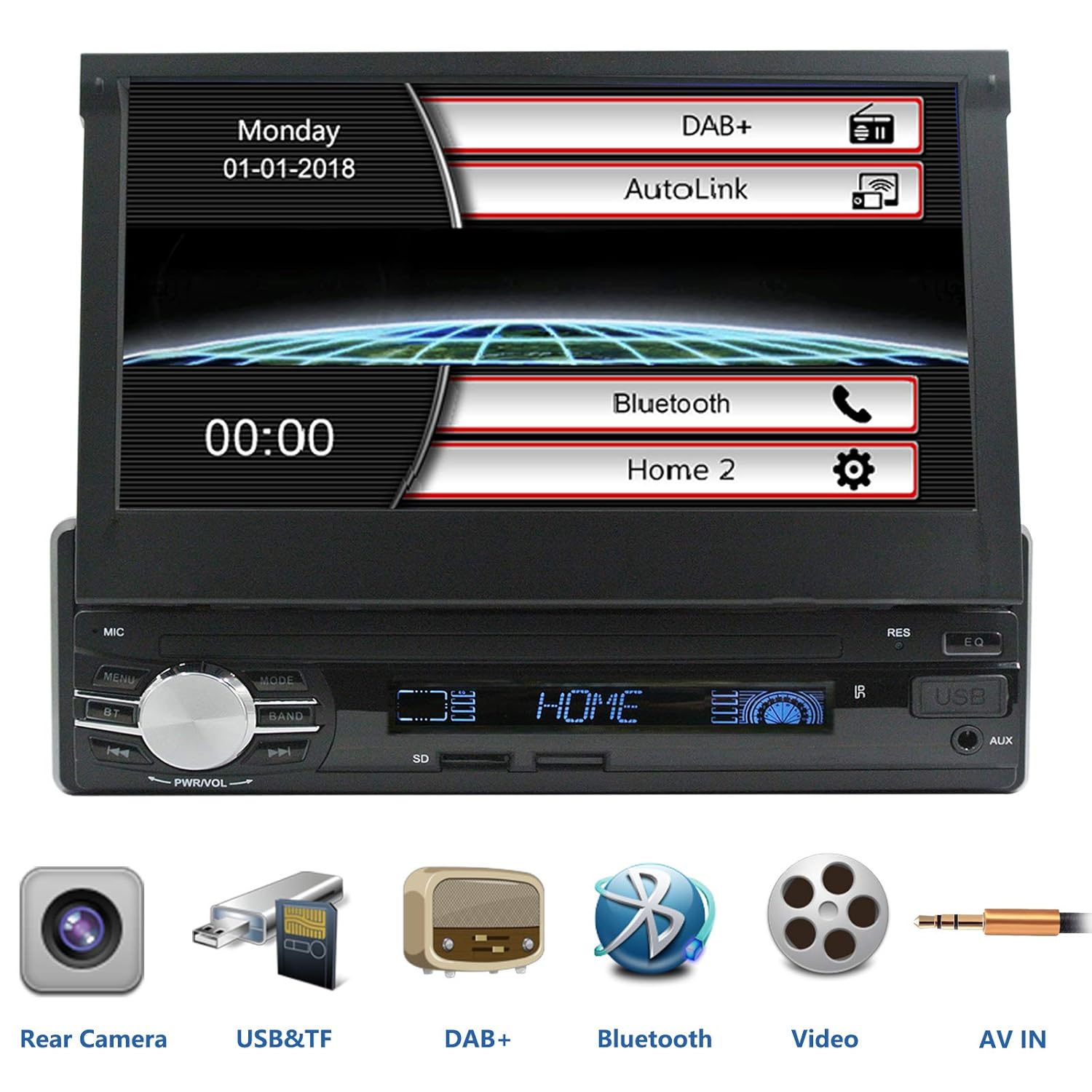 Carplay Autoradio 1 Din con Android Auto Mirror Link Bluetooth Vivavoce 7 Pollici Touchscreen Autoradio con Bluetooth FM Radio USB/AUX/TF/EQ Comandi al Volante Telecamera Posteriore Telecomandi