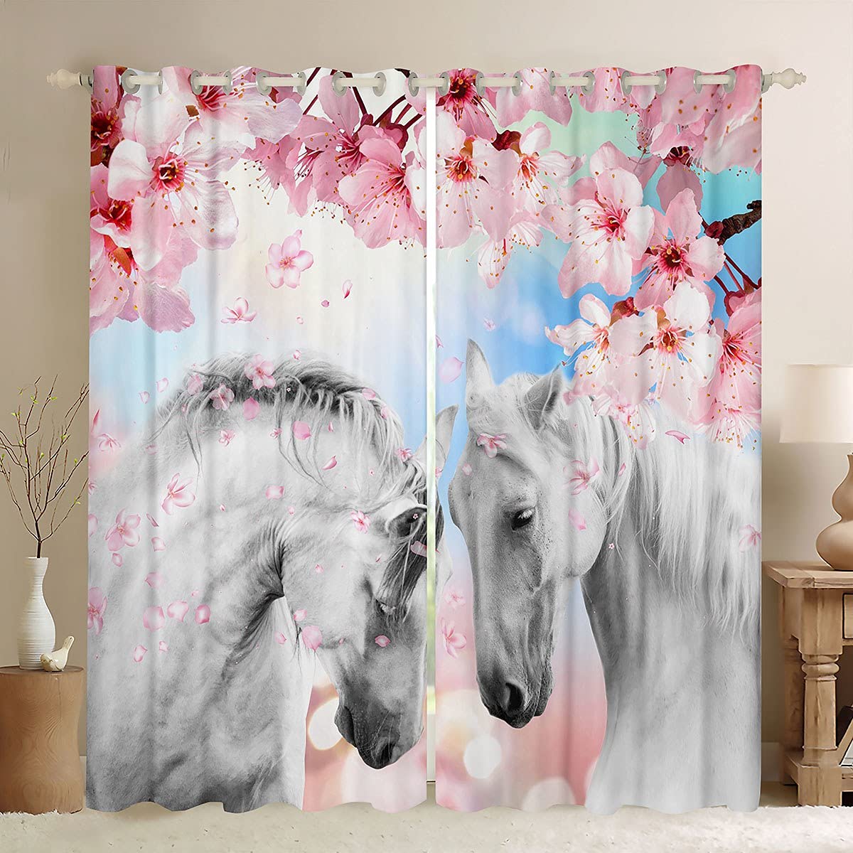 Loussiesd Horse Curtains Couple White Galloping Horse Window Curtains for Bedroom Living Room Girls Cherry Blossoms Printed Windows Drapes Wild Animal Branches Decor Window Treatments,W46*L54