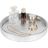 HofferRuffer Faux Leather Round Serving Tray, Vegan Croco Leather Decorative Tray, Food Tray for Storage Drinks, Snack & Cosmetics, Dia.12'' x 1.6'' (Silver)