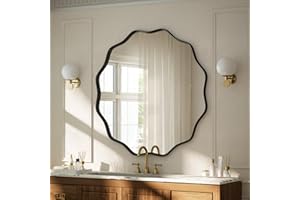 VooBang Black Scalloped Circle Mirror, 24" Wavy Edge Round Wall Mirror with Tempered Glass Textured Circular Metal Deep Frame, Hanging Leaning for Bathroom, Hallway, Entryway, Livng Room