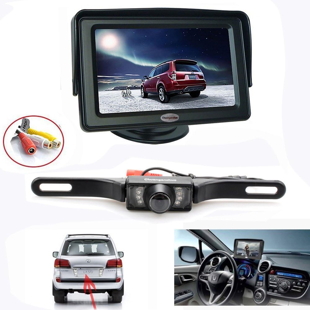 Backup Camera and Monitor Kit,Chuanganzhuo License Plate CMOS Car Reverse Backup Camera With Night Version + 4.3" TFT LCD Car Rear View Monitor