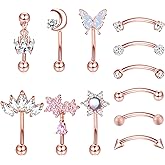 Drperfect 12 PCS Rook Piercing Jewelry Rook Earrings for Women Men Eyebrow Rings 16G Stainless Steel Curved Barbell Dangle CZ Belly Lip Ring Cartilage Daith Surface Tragus Piercing Jewelry