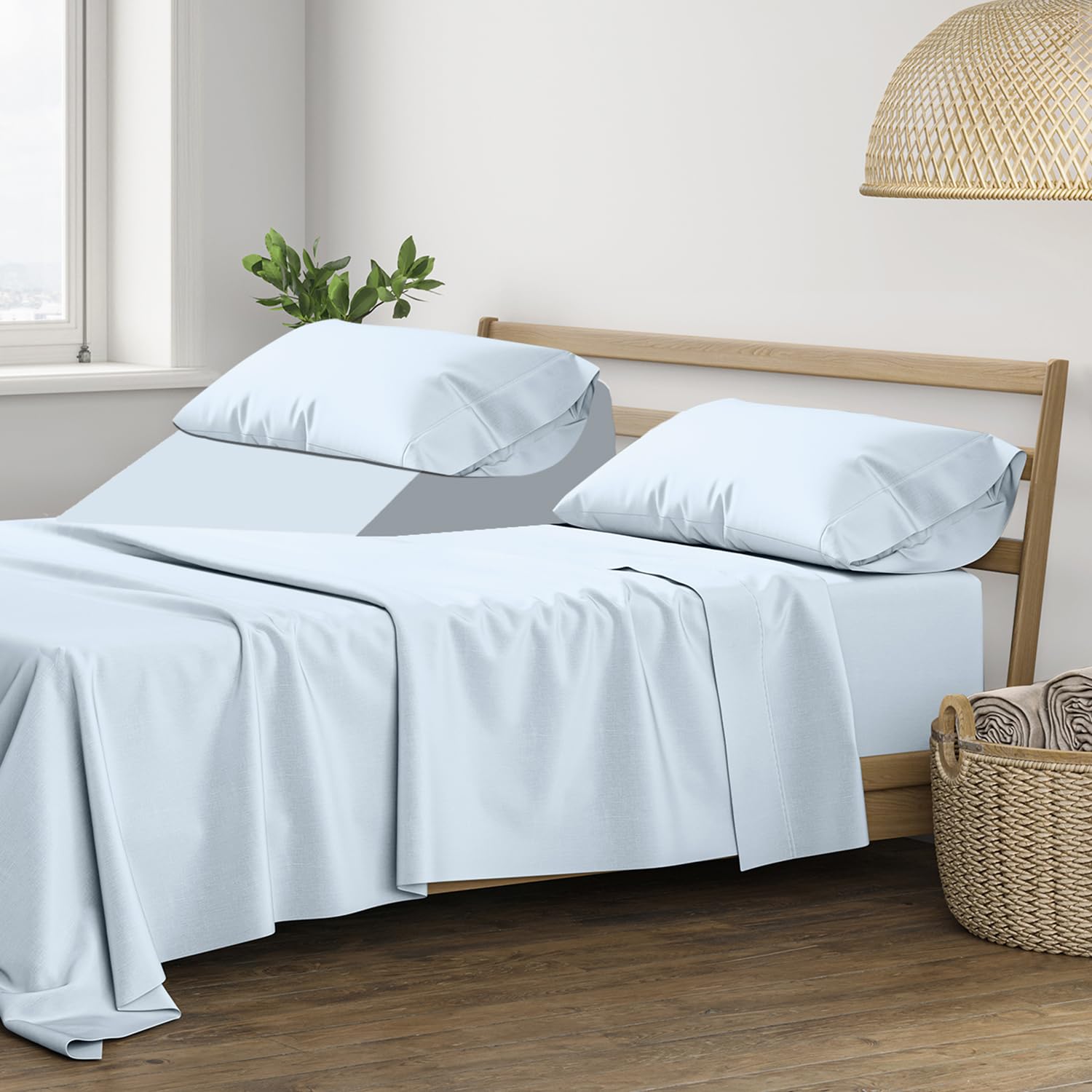 Photo 1 of THREAD SPREAD Split King Size Sheets Set Cotton - 400 Thread Count Cotton Split King Sheets 5 PC Set (Light Blue), Ultra Soft, Cooling, Hotel-Quality 16" Deep Pocket Sateen Bedsheet for Hot Sleepers