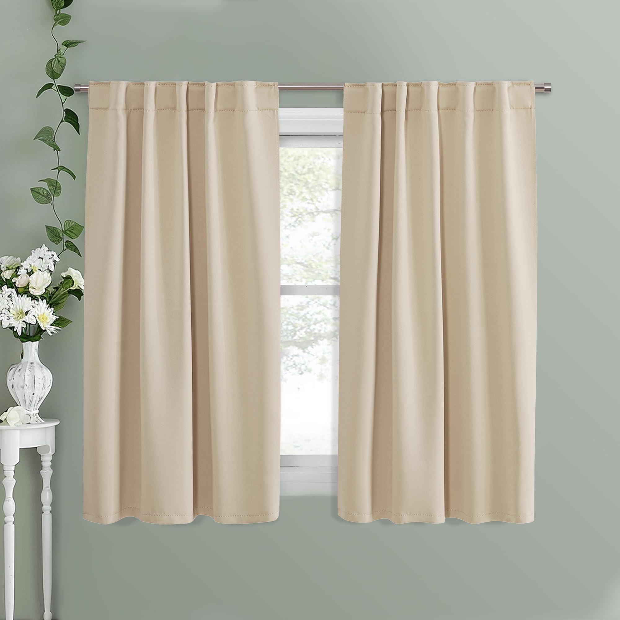 Photo 1 of PONY DANCE Beige Blackout Curtains - Kitchen Window Drapes Short Heavy-Duty Soft Rod Pocket Curtain Draperies/Window Treatments for Nursery Bedroom, W 42 x L 45 Inches, Biscotti Beige, 2 Panels