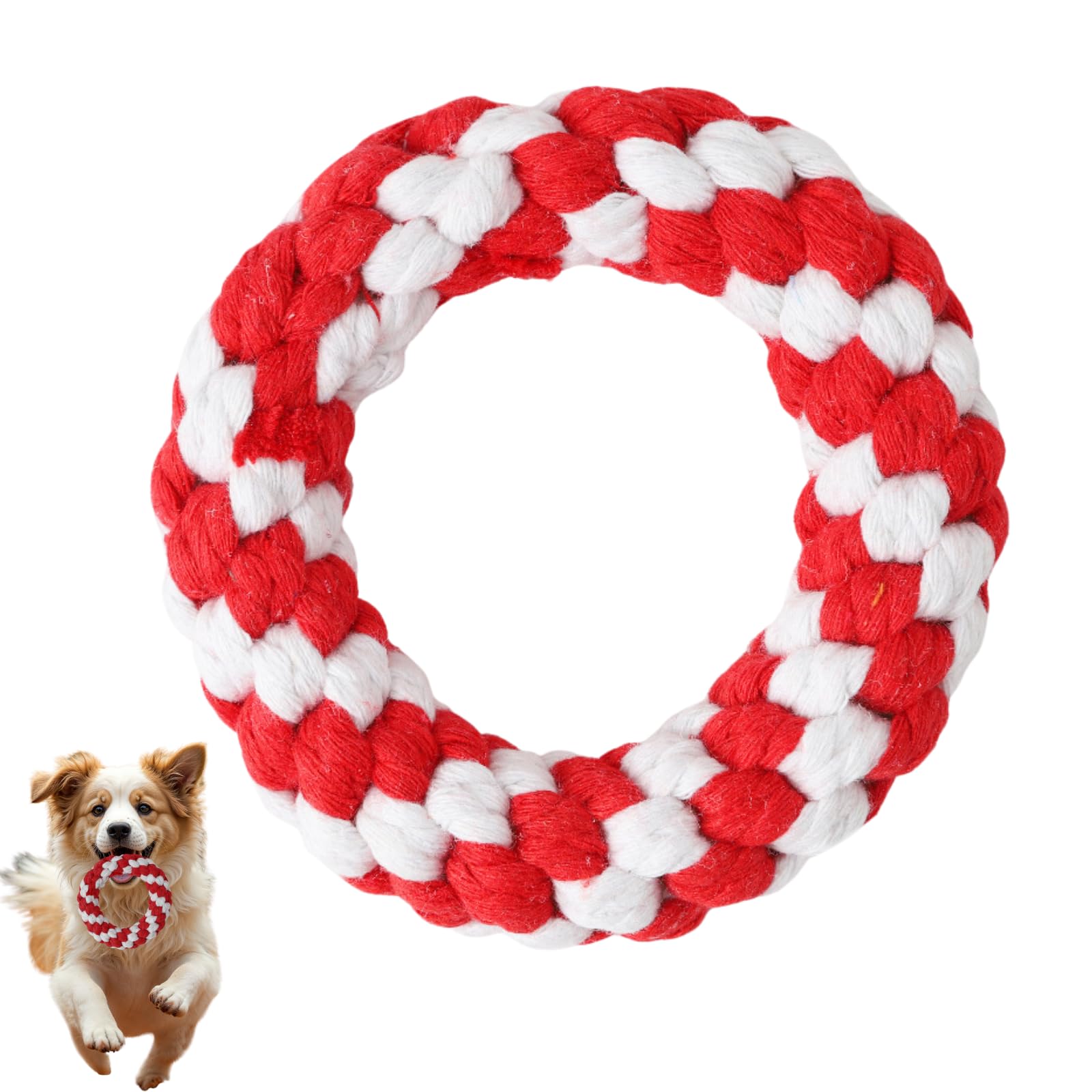 Photo 1 of AutumnNest Woven Round Donut Pet Rope Toys, 4.8-inch Red Durable Cotton Pet Chew Toys for Dogs & Cats, Heavy Duty, Safe & Non-Toxic, Chew Toys for Pets, Teething Relief & Interactive Play