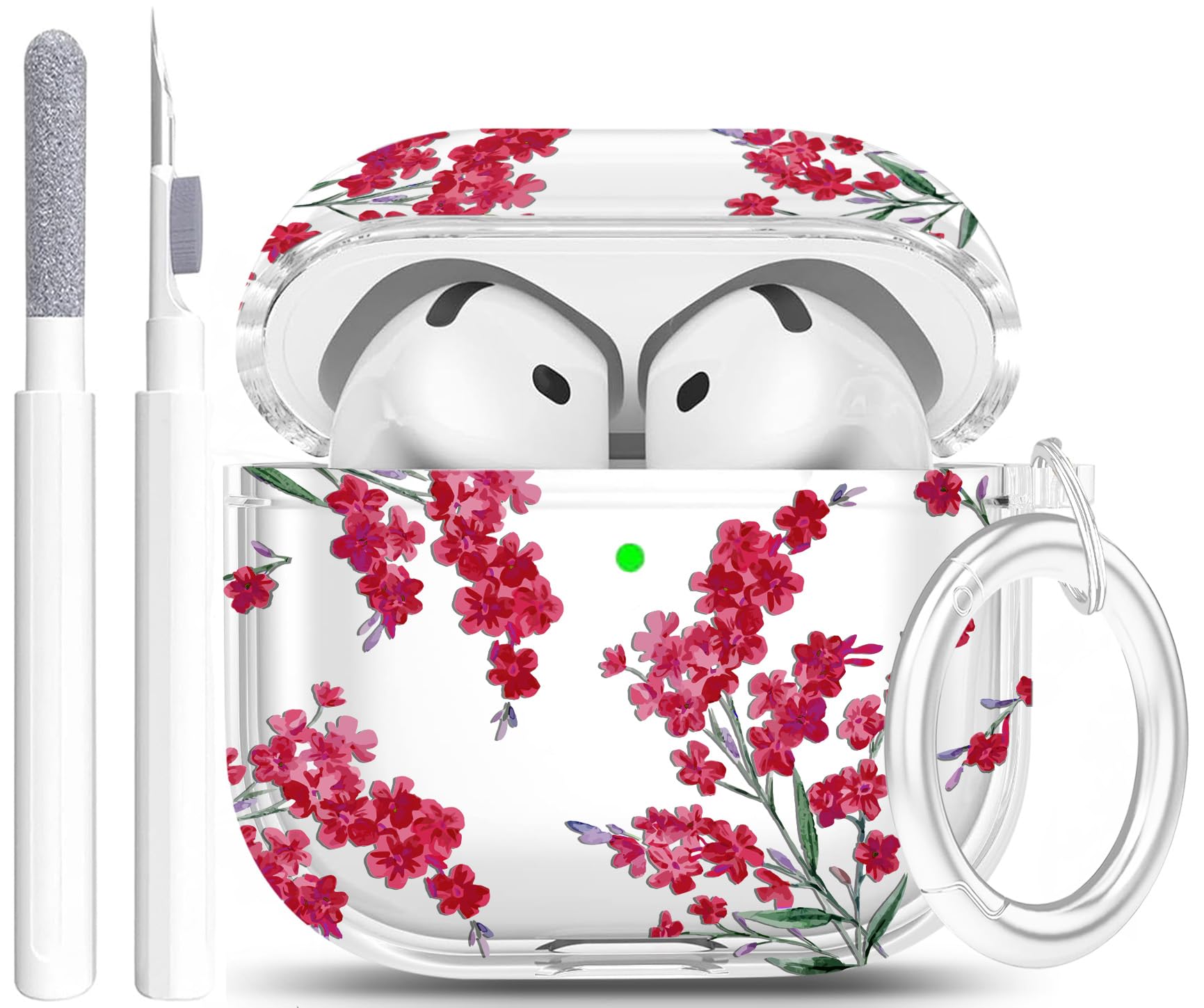 Photo 1 of Case for AirPods 4 - Wonjury Clear Case Cover Floral Print Skin Women Girls Keychain Cleaner Tool for Apple Airpods 4th 2024 - Flower Red