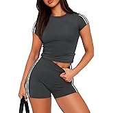 NIASHOT Womens Two Piece Lounge Sets Summer Contrast Side Stripes 2 Piece Workout Athletic Outfits Matching Clothing Set