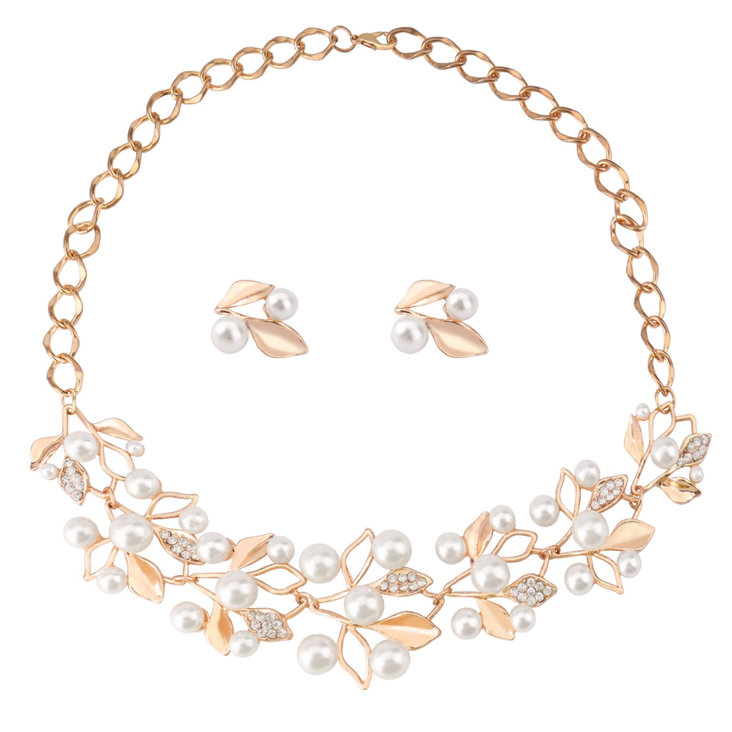 UHIBROS Gold Rhinestone Crystal Pearl Necklace Earrings Stub Alloy Jewelry Set