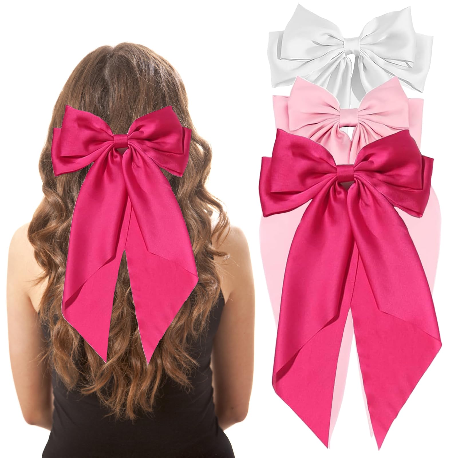 FEXPDL Pink Hair Bow 3PCS Big Bows for Women, Solid Color With Long Silk Ribbon, Clip Soft Satin Silky Hairpin Accessories Cute Gifts for Girls