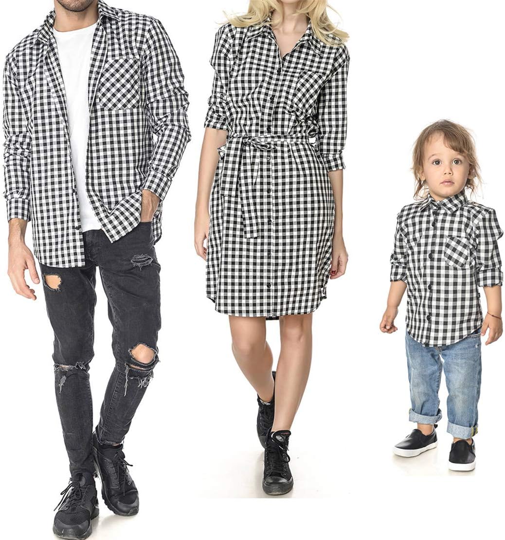 Mother Father Kids Family Matching Shirt Dress Casual Plaid Family Clothes with Chest Pockets (Kid 4-5T, Gray)