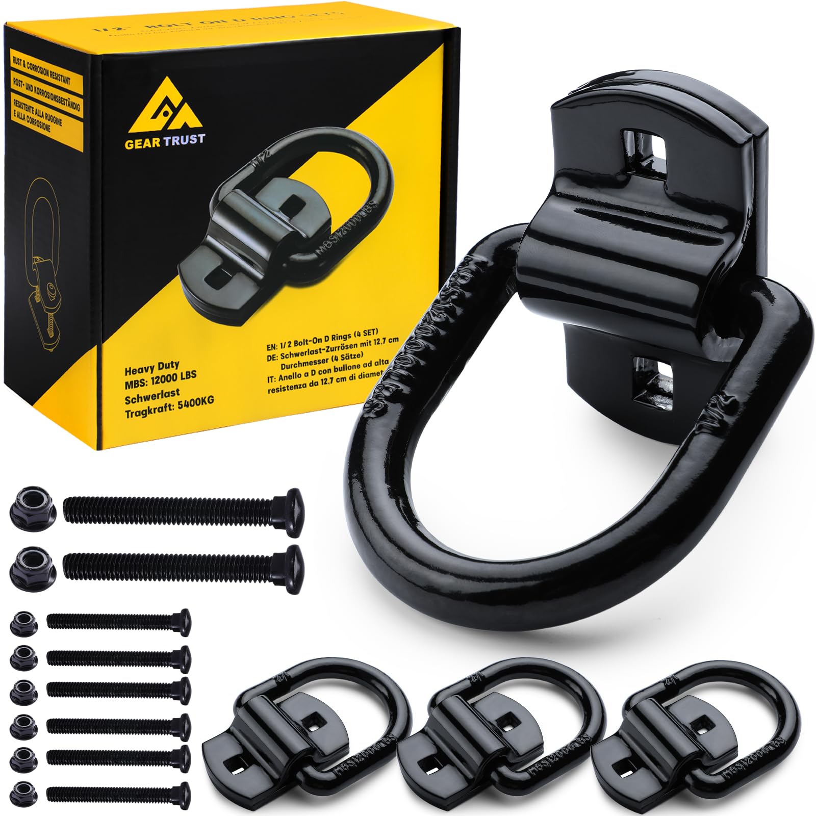 Trailer D Rings Heavy Duty Bolt-On Forged D Ring, 12000 LBS 1/2''Thick D Ring Tie Down Anchors Hooks for Truck Bed, Utility Trailers, Vans, Rvs (Pack of 4) Black