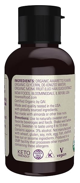 NOW FOODS, ORGANIC LIQUID MONK FRUIT, AMARETTO, ZERO-CALORIE SWEETENER, 1.8-OUNCE
