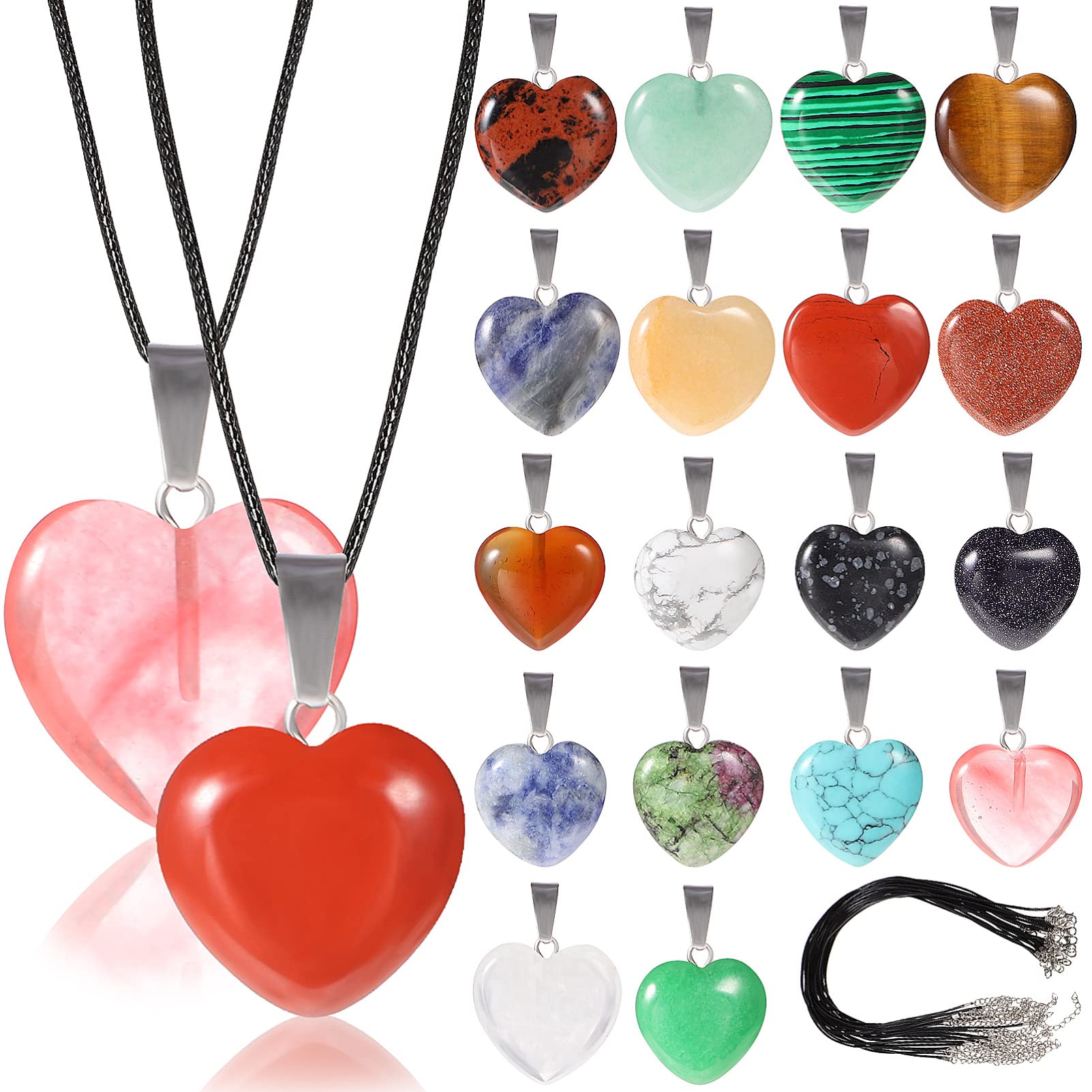 20PCS Heart Shape Pendants Love Heart Shape Gemstone Charms Pendants Crystal Chakra Beads with Ropes for DIY Necklace Making (16mm+ 20mm)