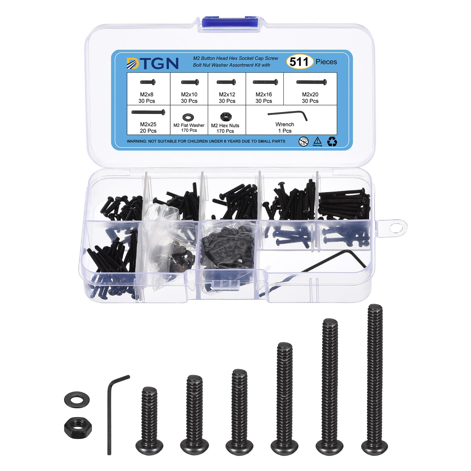 DTGN 511Pcs M2 Button Head Socket Cap Screws - Carbon steel Full Thread 8,10,12,16,20,25mm Bolt Nut Set Washer Assortment Kit & Wrench - Good for Machine, Furniture