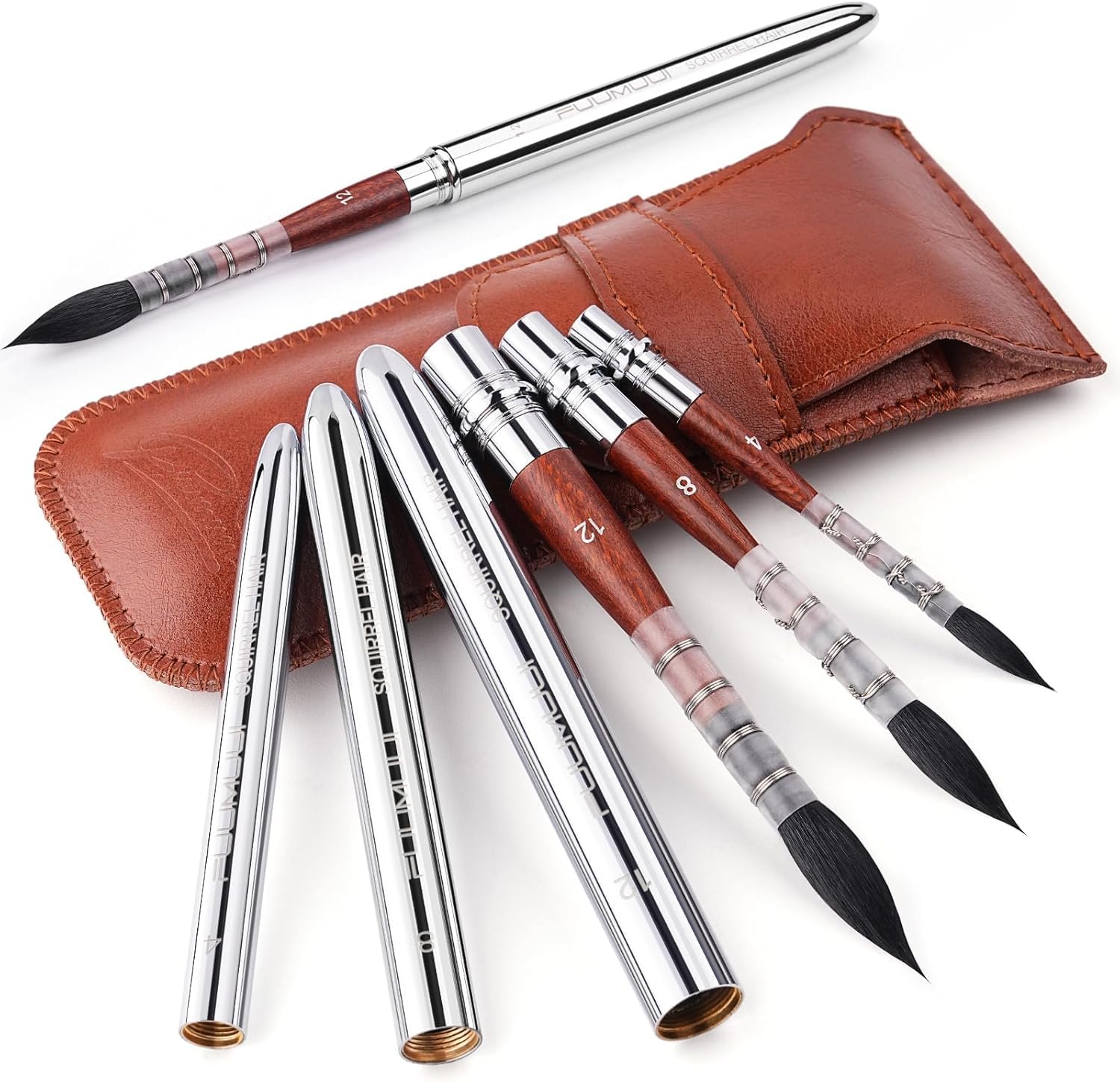 Fuumuui Squirrel Hair Travel Watercolour Brushes 3pcs, Natural Squirrel Mop Round Fine Tip Quill Travel Brushes for Artists, Professional Painting Brushes for Watercolour Gouache Ink Painting