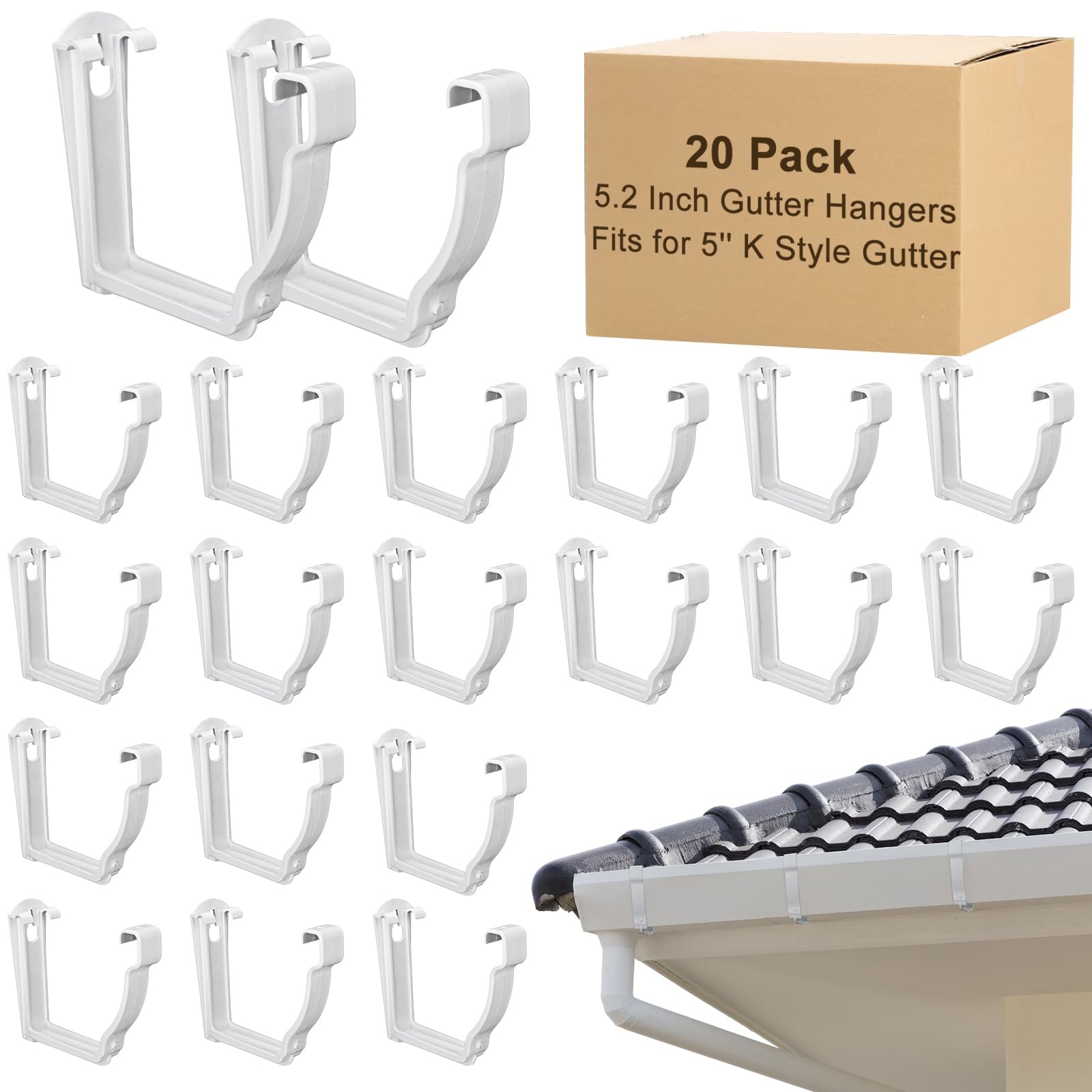 Photo 1 of Colingmill 20 Pcs 5 Inch Gutter Hangers Heavy Duty Rain Gutter Brackets for 5'' K Style Hidden Plastic Rain Hangers for Installing Repairing Sagging