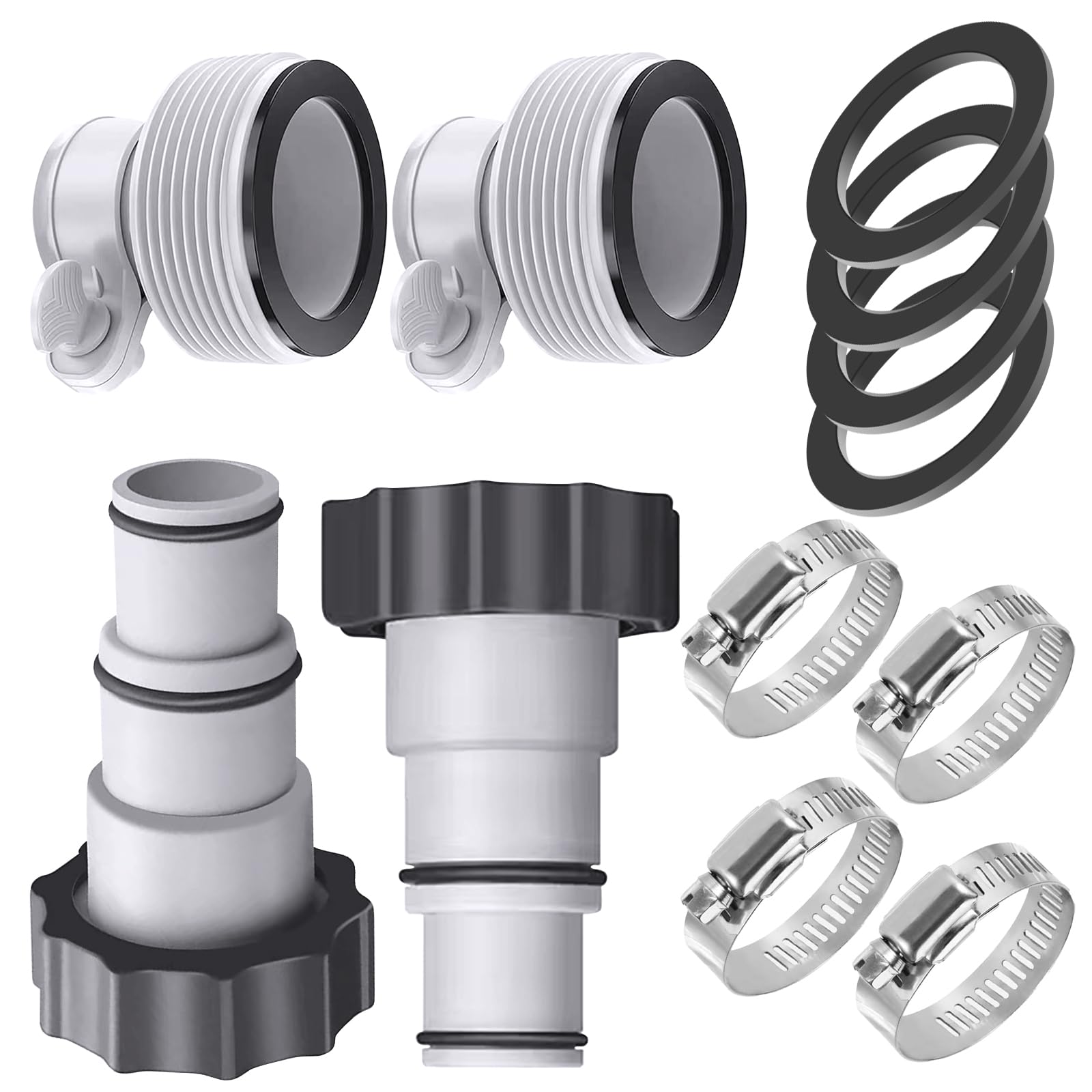 Photo 1 of FOFOGANG 4 Pack Pool Hose Adapter 2 Type A B Conversion Connector for 1.25" to 1.5" Hoses Replacement Compatible with Intex Threaded Filter Pump Above Ground Pool Accessories with Clamp Washer Parts