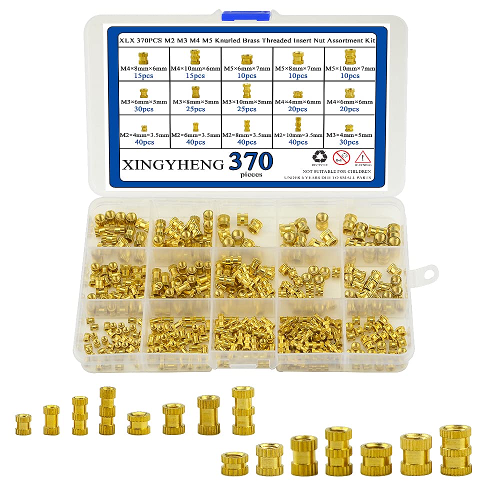 BGTXINGI 370PCS 15 Values M2 M3 M4 M5 Knurled Nuts Female Brass Threaded Insert Embedment Nut Assortment Kit for 3D Printing Projects