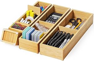 VA1KENE Lot de 6 plateaux de rangement de tiroir de bureau en bambou avec 12 compartiments pour fournitures de bureau, cosmét