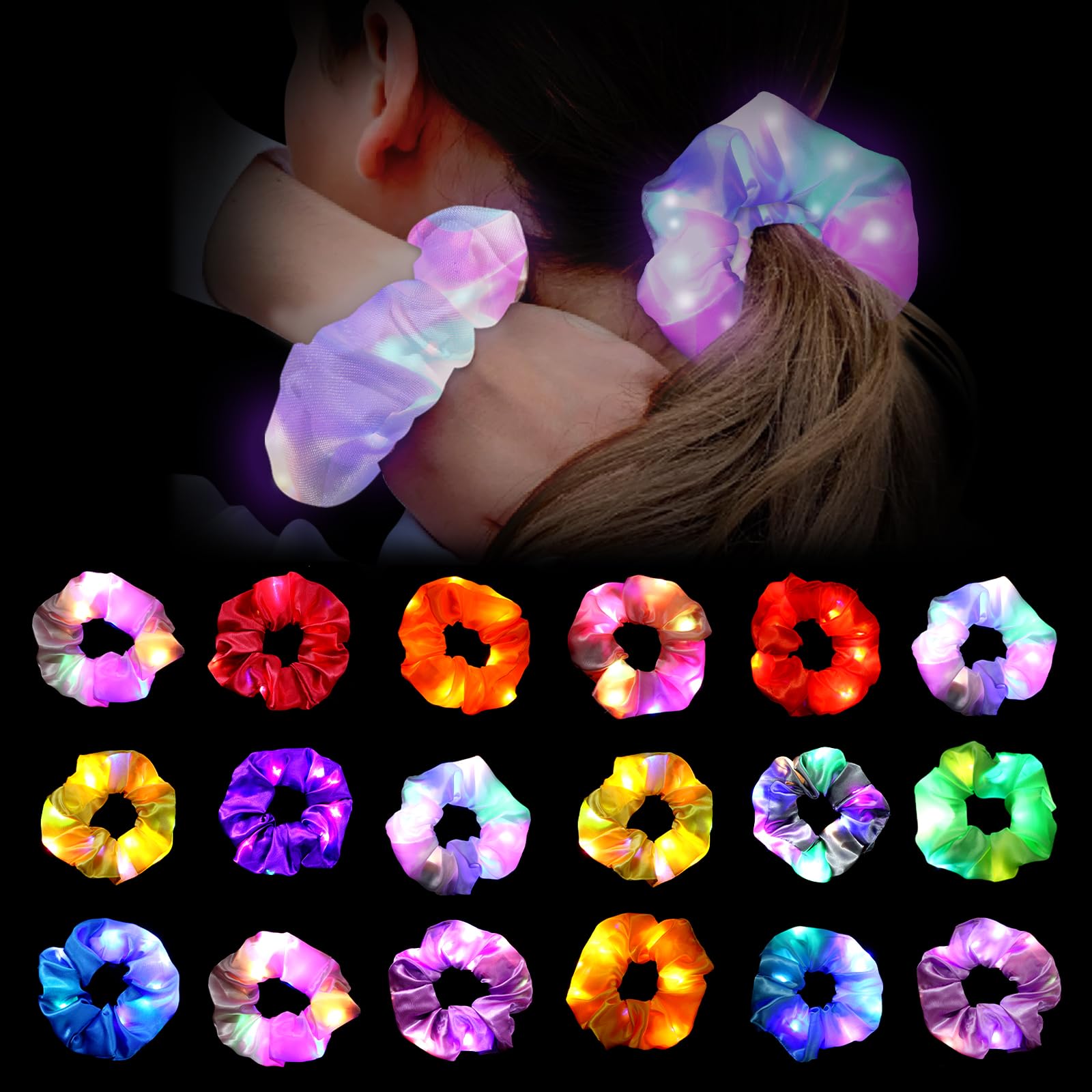 Photo 1 of 18pcs  Scrunchies, LED Hair Scrunchies for Women Girls Neon Colorful Hair Tie 3 Light Modes Glow in the Dark Hair Accessories for Rave Slumber Birthday Halloween Christmas Light Up Party Favor