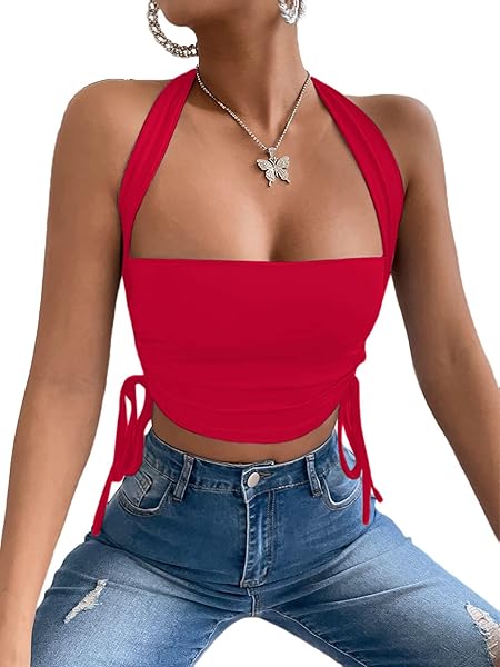 REMIDOO WOMEN’S SLEEVELESS HALTER CROP TOP TIE BACK DRAWSTRING SIDE CAMI TOPS RED SMALL