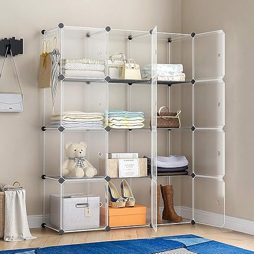 GEORGE&DANIS Portable Closet Wardrobe Plastic Cube Organizer Storage Modula Armoire Pantry Carbinet Cubby Shelf for Bedroom (42x14x56 inches), Transparent White