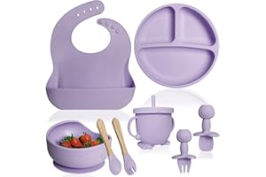 Bluet B- Silicone Baby Feeding Set - Baby Led Weaning Supplies - Baby Spoons, Suction Bowl - Plate - Baby Utensils - Silicone Feeding Set for Baby First Foods, Infant Eating - 8pcs - Purple