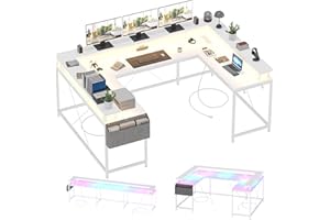 Computer Gaming Desk, u Shaped Desk with Power Outlets, Reversible l Shaped Office Desk with LED Lights, Monitor Stand, Large