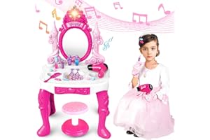 Jiakora Kids Vanity Table and Chair Set, Girls Vanity Set with Mirror and Stool and Lights and Music Sound, Includes Fashion Hair & Makeup Accessories, Gift for Girls and Toddlers 3-5 Years Old