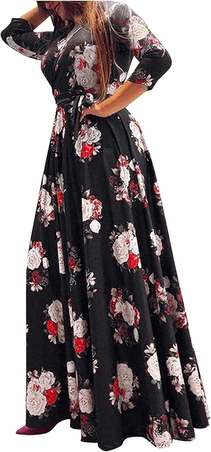 Women's Plus Size Maxi Dresses 3/4 Sleeve V Neck Floral